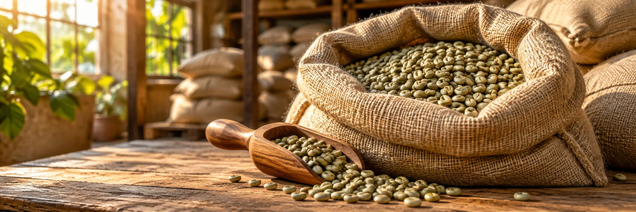 An open burlap sack of green coffee beans and a wooden scoop in warm light.