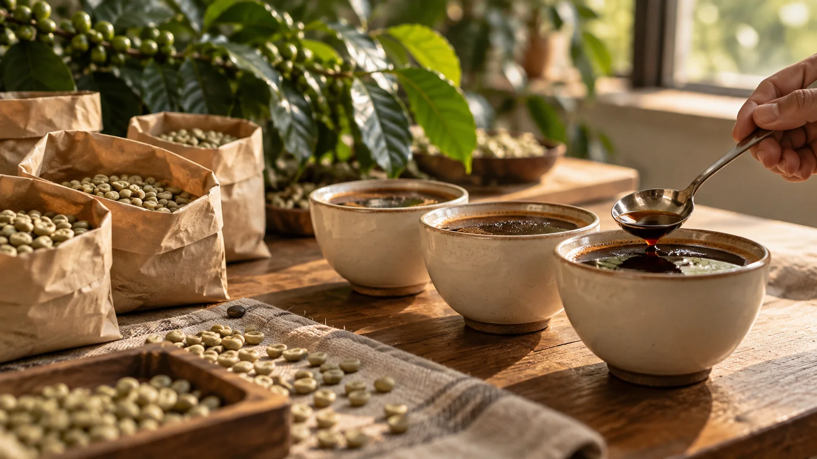 Coffee cupping bowls, a tasting spoon and bags of green coffee samples.