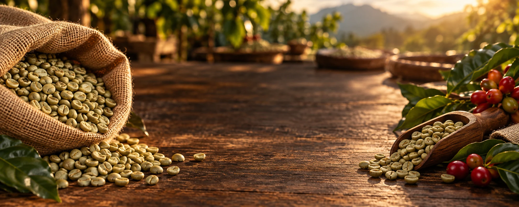 Green coffee beans, a wooden scoop, coffee cherries, and leaves on a warm wooden table.