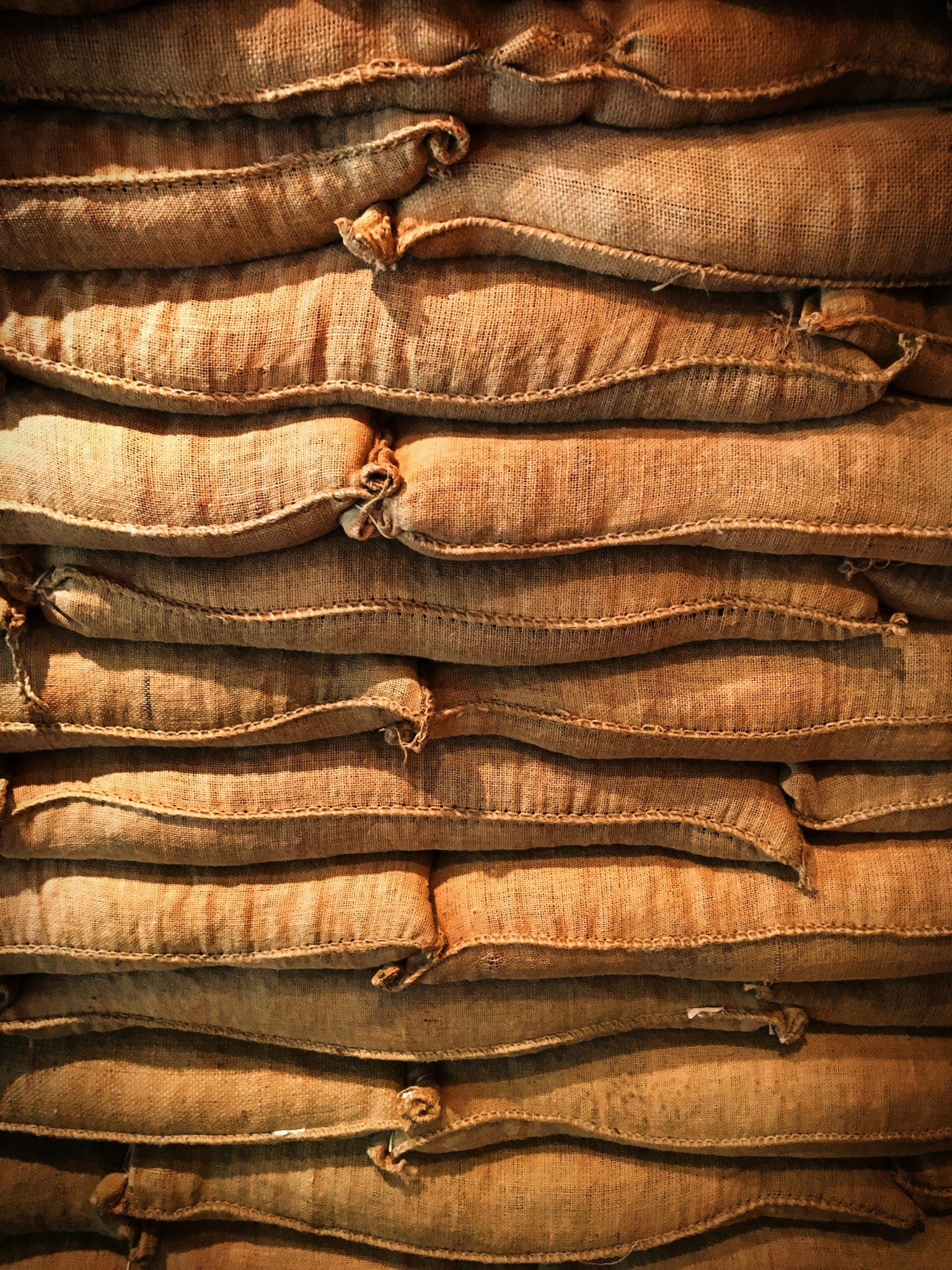 Stacked green coffee sacks